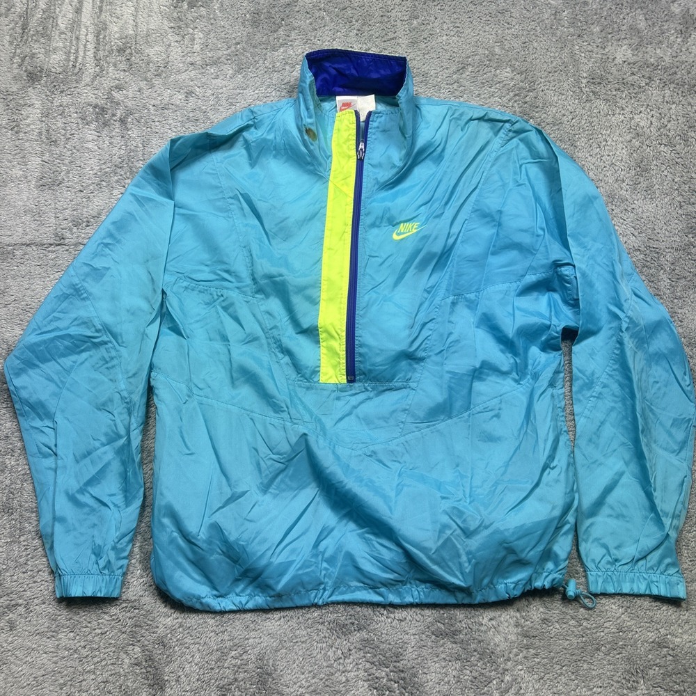 Vintage Nike Half Zip Windbreaker Nylon Pullover Mens L Blue Neon 80s Track SPOT